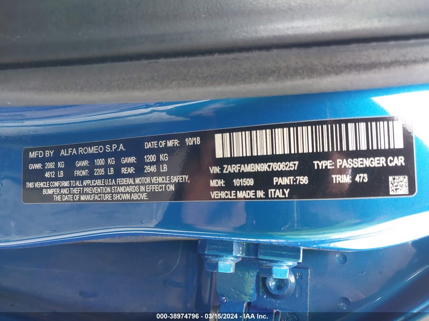 2019 ALFA ROMEO GIULIA TI SPORT RWD - ZARFAMBN9K7606257