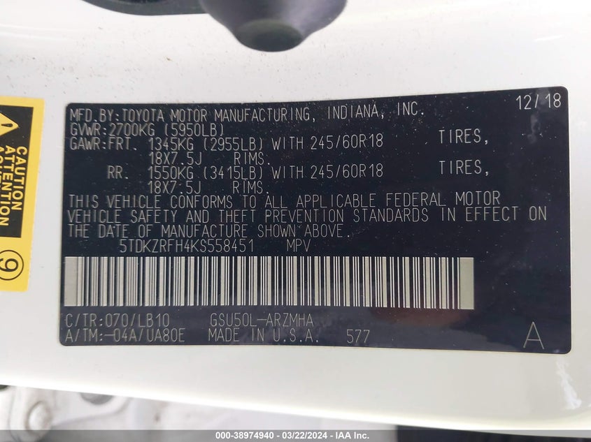 VIN 5TDKZRFH4KS558451 2019 TOYOTA HIGHLANDER XLE