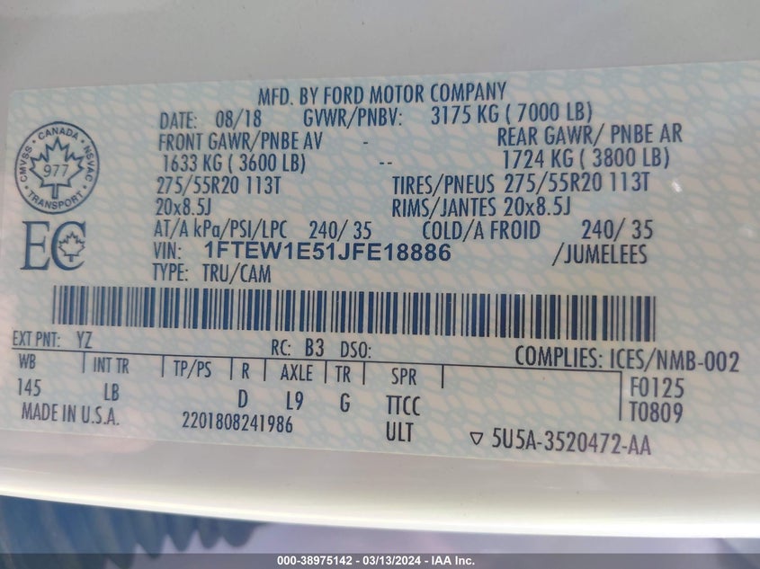 2018 FORD F-150 VIN: 1FTEW1E51JFE18886