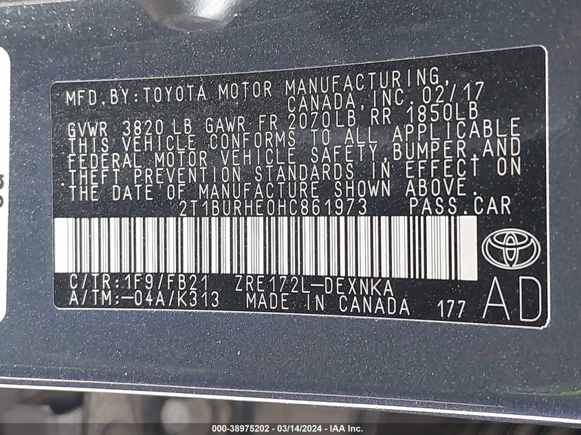 2017 TOYOTA COROLLA L/LE/XLE/SE/XSE - 2T1BURHE0HC861973