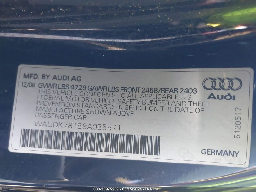 WAUDK78T89A035571 | 2009 AUDI A5