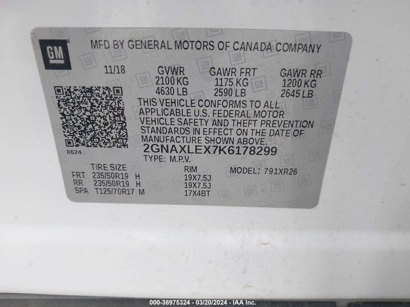 VIN 2GNAXLEX7K6178299 2019 CHEVROLET EQUINOX LT