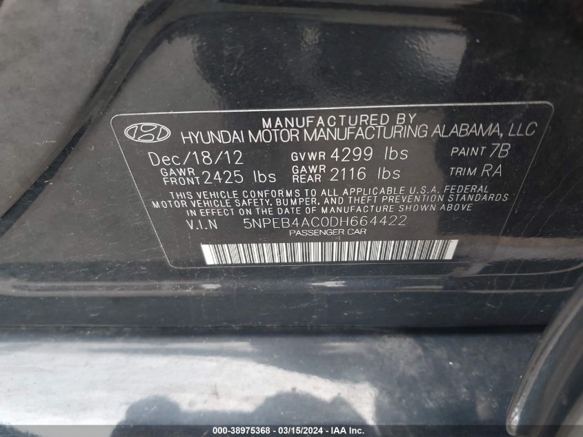 5NPEB4AC0DH664422 | 2013 HYUNDAI SONATA