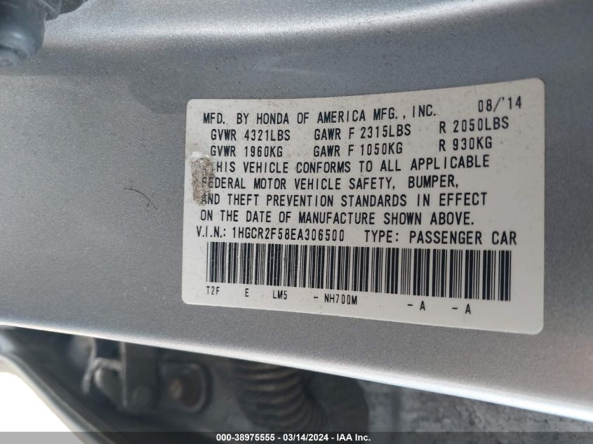 1HGCR2F58EA306500 | 2014 HONDA ACCORD