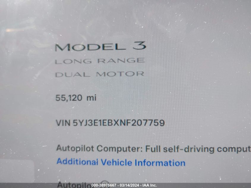 2022 Tesla Model 3 Long Range Dual Motor All-Wheel Drive VIN: 5YJ3E1EBXNF207759 Lot: 38975667