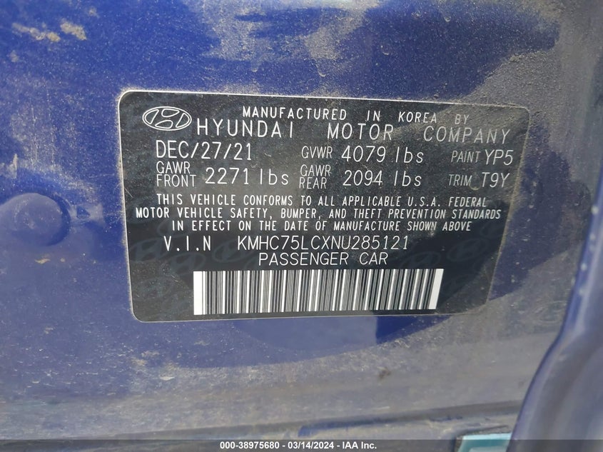 VIN KMHC75LCXNU285121 2022 HYUNDAI IONIQ HYBRID SE