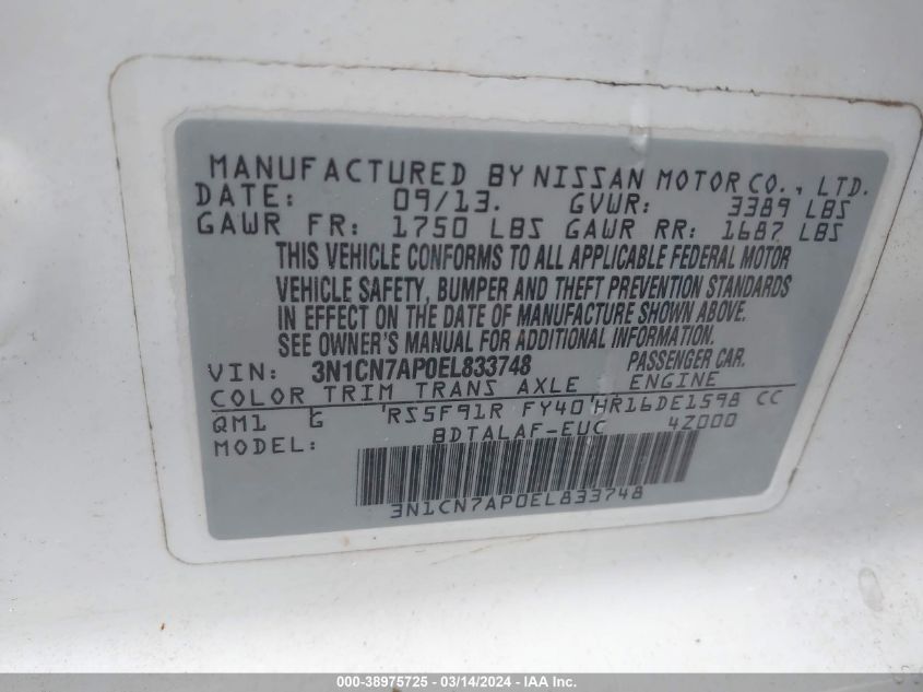 3N1CN7AP0EL833748 | 2014 NISSAN VERSA