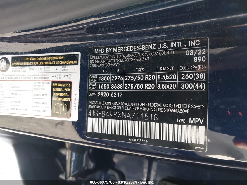 Auction sale of the 2022 MERCEDES BENZ GLE 350 , vin: 4JGFB4KBXNA711518, lot number: 38975768