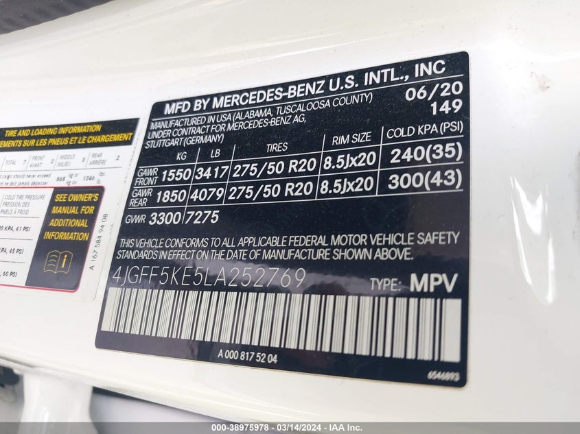 Auction sale of the 2020 MERCEDES BENZ GLS 450 , vin: 4JGFF5KE5LA252769, lot number: 38975978