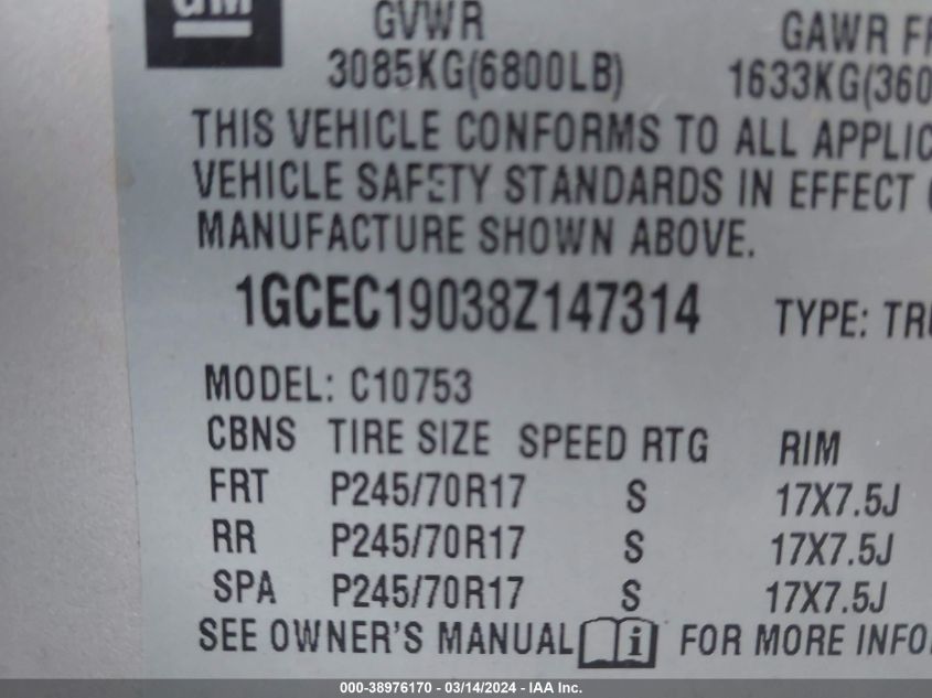 1GCEC19038Z147314 | 2008 CHEVROLET SILVERADO 1500