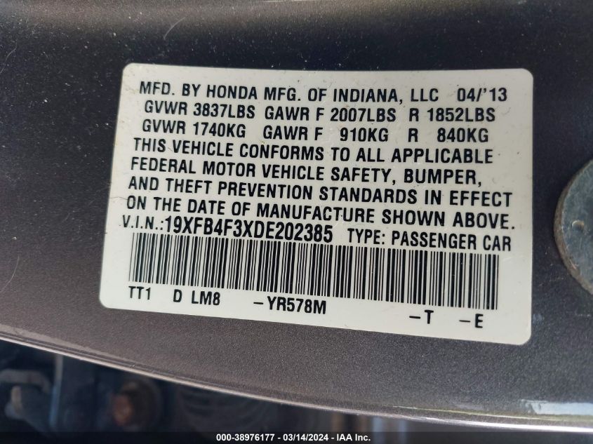 19XFB4F3XDE202385 | 2013 HONDA CIVIC HYBRID