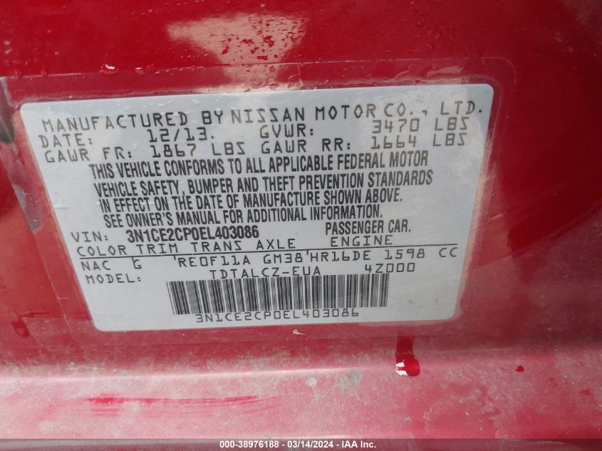 3N1CE2CP0EL403086 2014 Nissan Versa Note S Plus