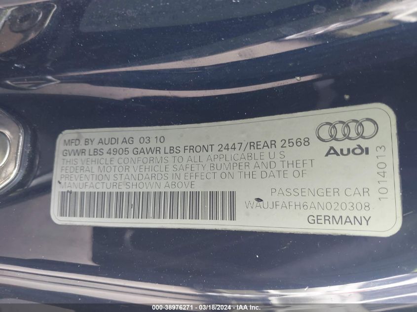 2010 Audi A5 2.0T Premium VIN: WAUJFAFH6AN020308 Lot: 38976271