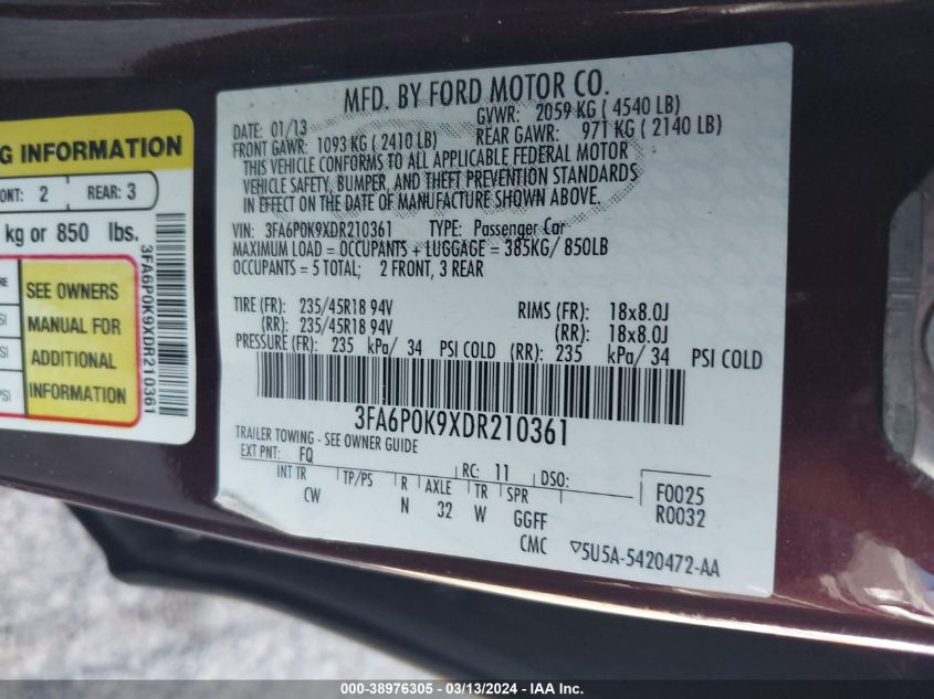 3FA6P0K9XDR210361 | 2013 FORD FUSION