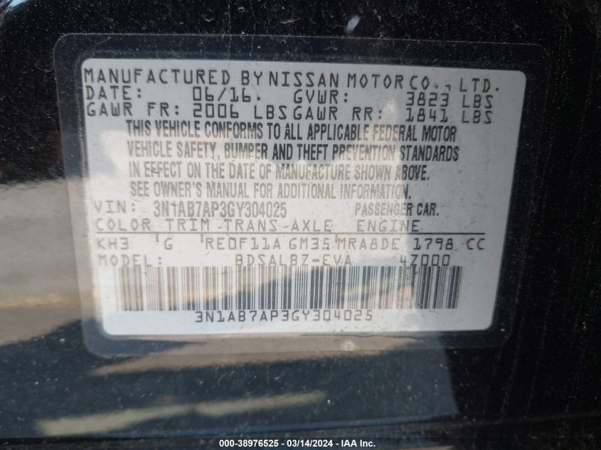 3N1AB7AP3GY304025 | 2016 NISSAN SENTRA