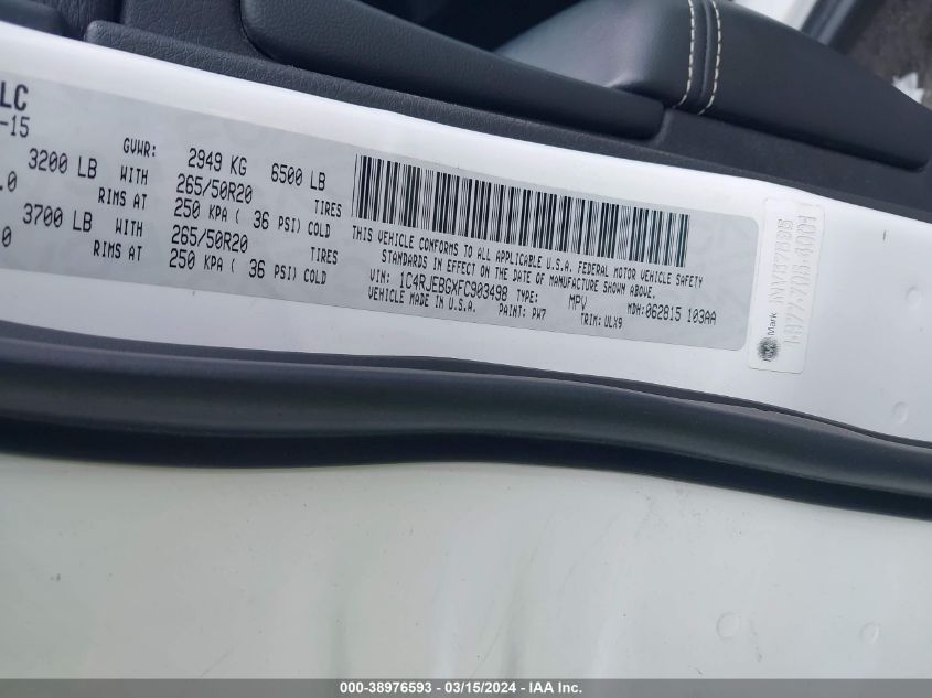 2015 Jeep Grand Cherokee Limited VIN: 1C4RJEBGXFC903498 Lot: 38976593