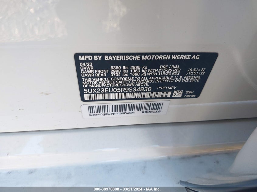 2024 BMW X5 3.0L I6   N(VIN: 5UX23EU05R9S34830