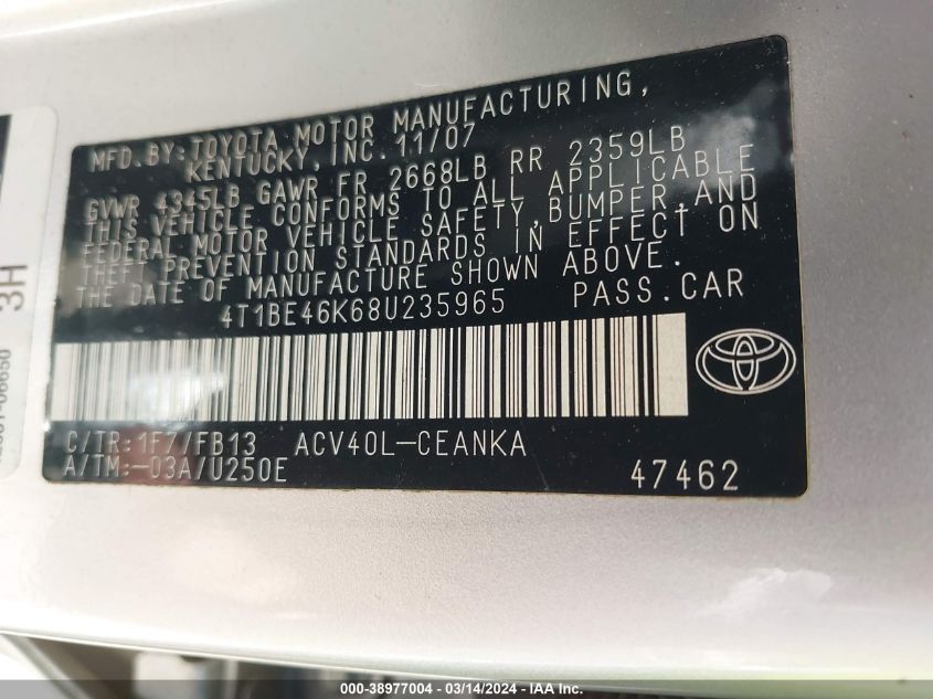 4T1BE46K68U235965 | 2008 TOYOTA CAMRY