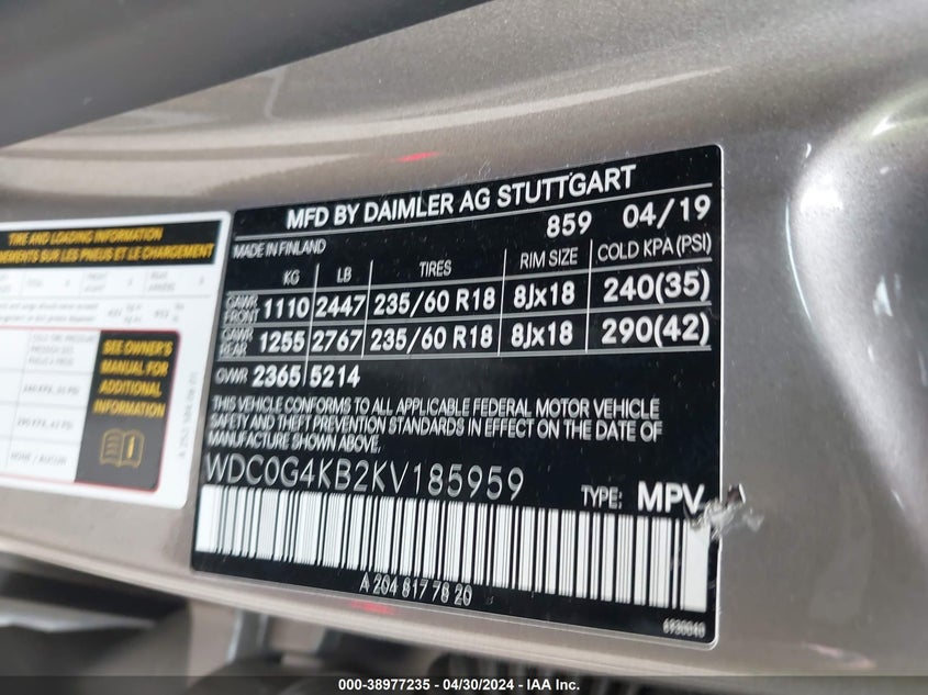 2019 MERCEDES-BENZ GLC 300 4MATIC WDC0G4KB2KV18595