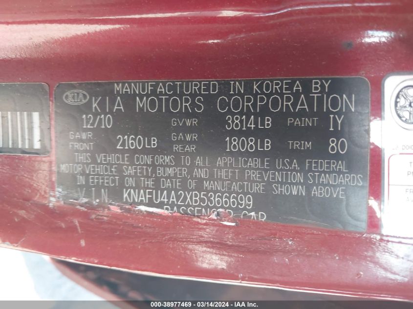 KNAFU4A2XB5366699 | 2011 KIA FORTE