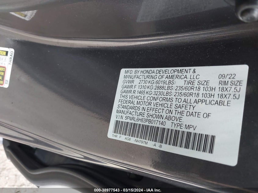 2023 HONDA ODYSSEY EX-L - 5FNRL6H63PB017140