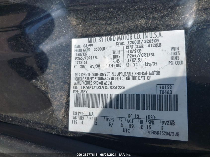 1999 Ford Expedition Eddie Bauer/Xlt VIN: 1FMPU18L9XLB84236 Lot: 38977613