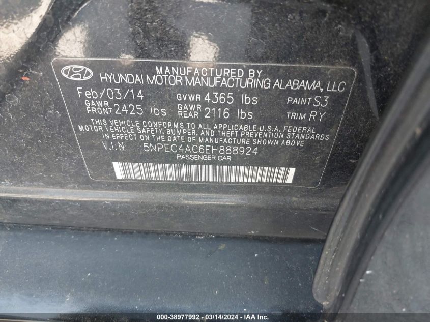 2014 HYUNDAI SONATA SE - 5NPEC4AC6EH888924