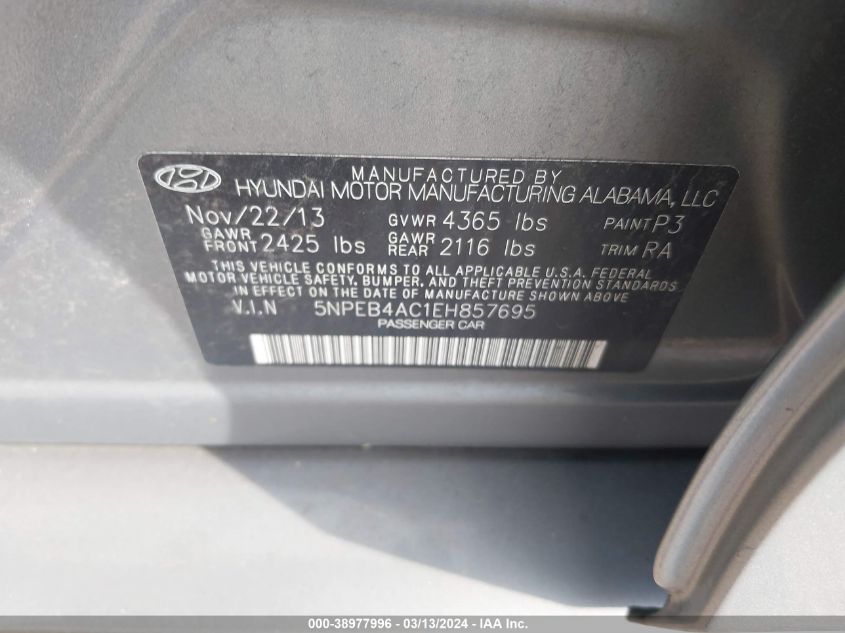 5NPEB4AC1EH857695 | 2014 HYUNDAI SONATA