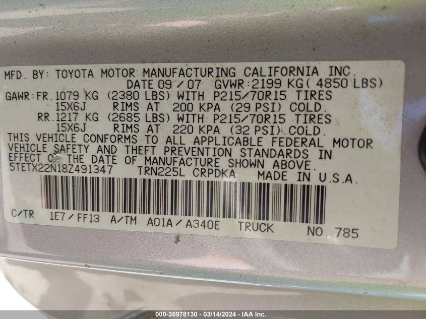 5TETX22N18Z491347 | 2008 TOYOTA TACOMA