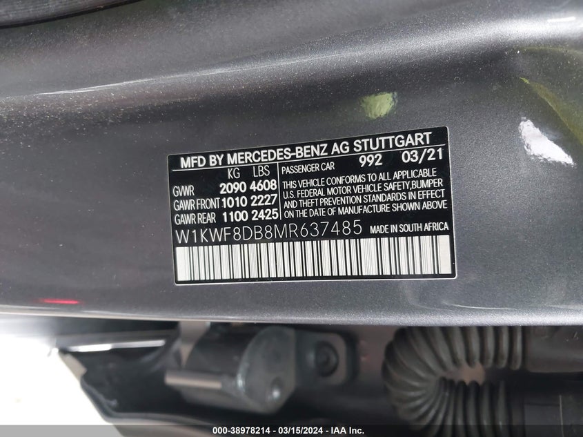 2021 MERCEDES-BENZ C 300 VIN: W1KWF8DB8MR637485