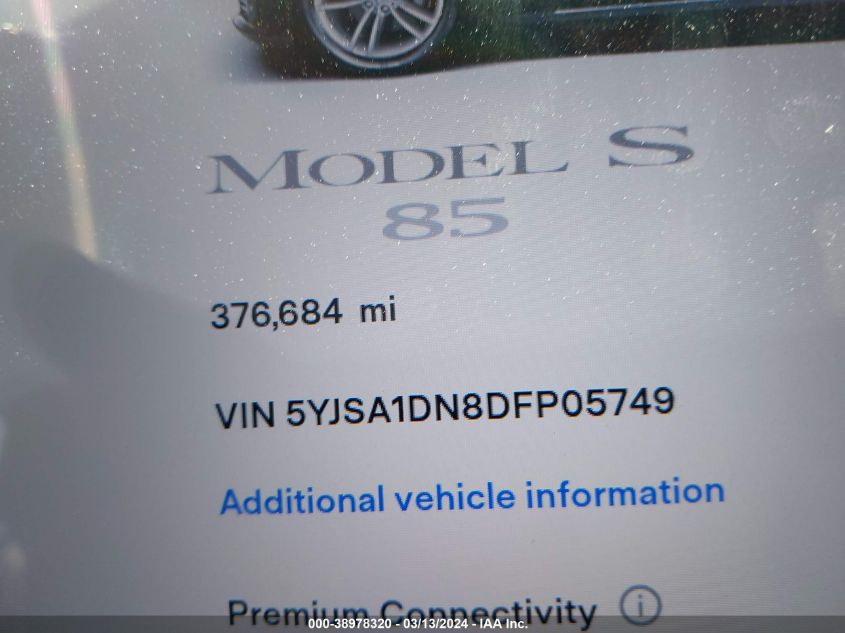 2013 Tesla Model S VIN: 5YJSA1DN8DFP05749 Lot: 40526158