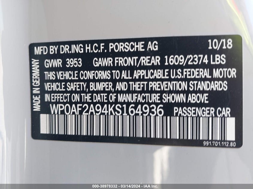 VIN WP0AF2A94KS164936 2019 PORSCHE 911 GT3 RS