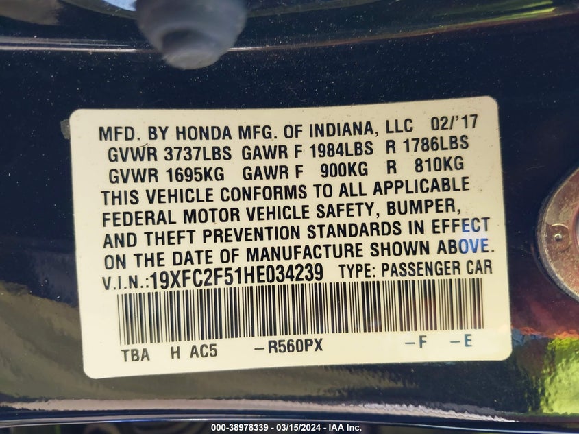 2017 HONDA CIVIC LX - 19XFC2F51HE034239