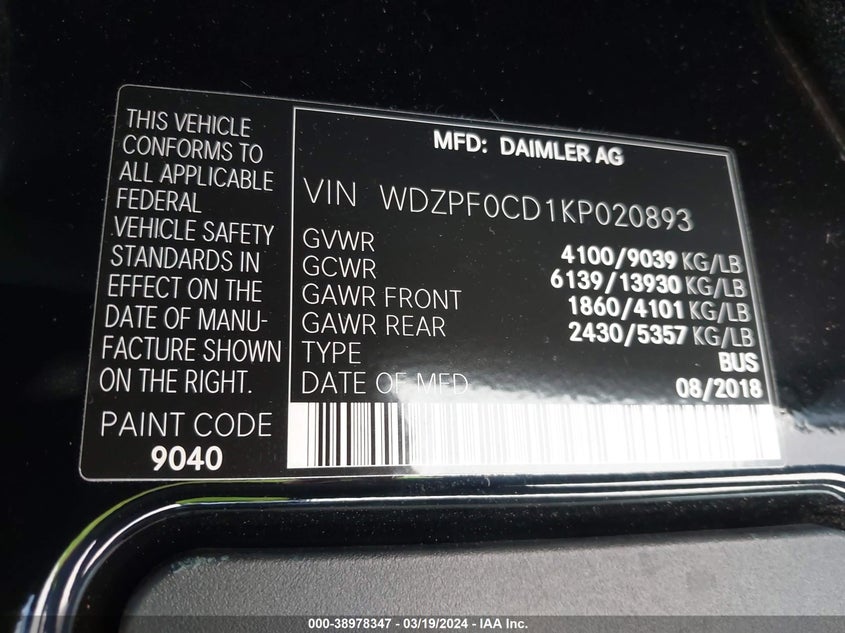 2019 MERCEDES-BENZ SPRINTER 2500 2500/3500 - WDZPF0CD1KP020893