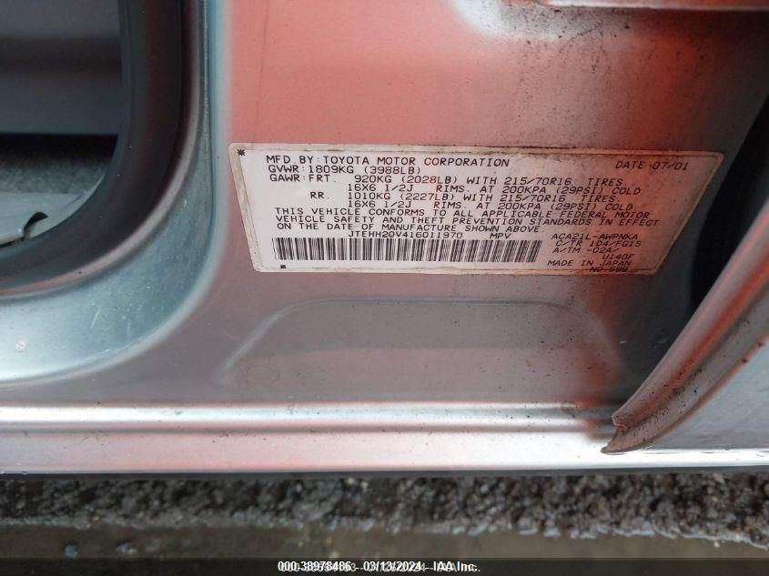 2001 Toyota Rav4 VIN: JTEHH20V416011970 Lot: 38978486