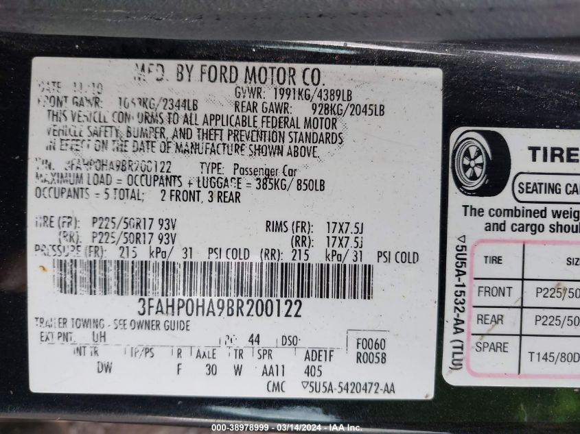 3FAHP0HA9BR200122 | 2011 FORD FUSION