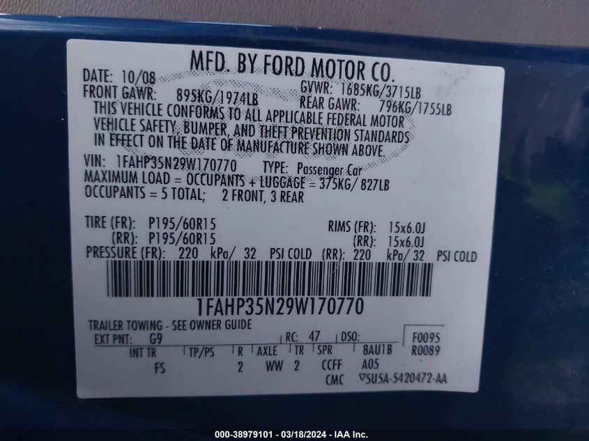 1FAHP35N29W170770 | 2009 FORD FOCUS