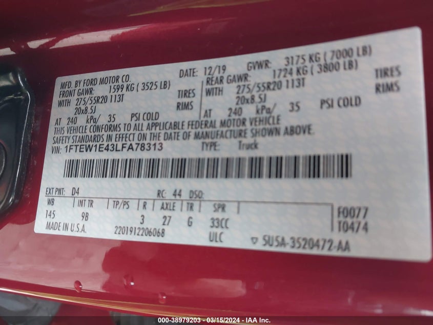 VIN 1FTEW1E43LFA78313 2020 FORD F-150 PLATINUM