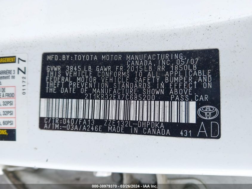 2007 Toyota Matrix VIN: 2T1KR32EX7C685200 Lot: 38979370