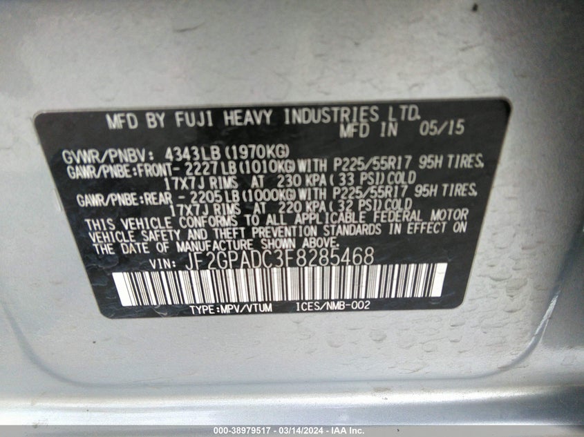 2015 SUBARU XV CROSSTREK 2.0 PREMIUM - JF2GPADC3F8285468