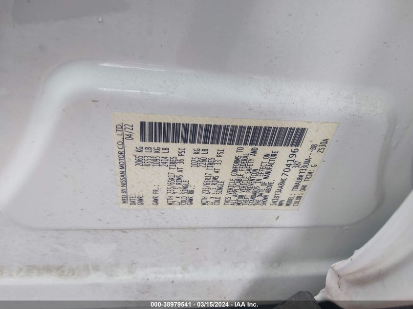 2022 NISSAN ROGUE S FWD - 5N1BT3AA8NC704196