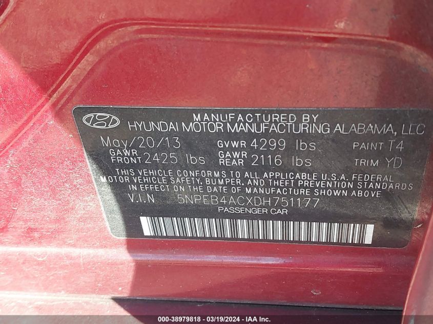 5NPEB4ACXDH751177 2013 Hyundai Sonata Gls