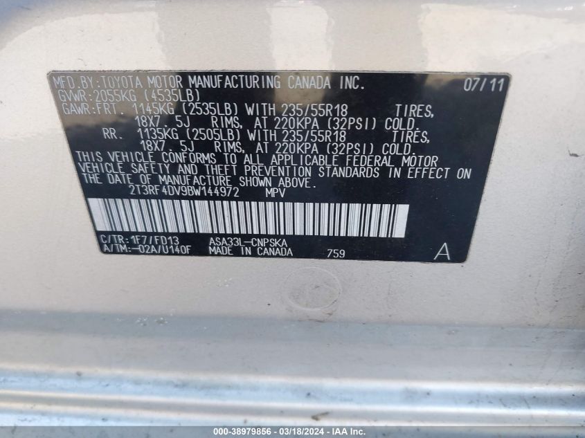 2T3RF4DV9BW144972 2011 Toyota Rav4 Sport