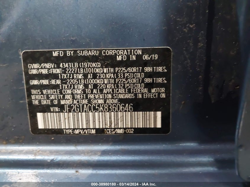 VIN JF2GTACC5K8360646 2019 SUBARU CROSSTREK 2.0I PREMIUM