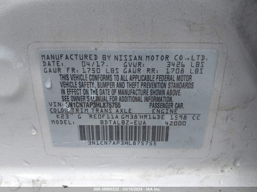 2017 NISSAN VERSA 1.6 SV - 3N1CN7AP3HL875755