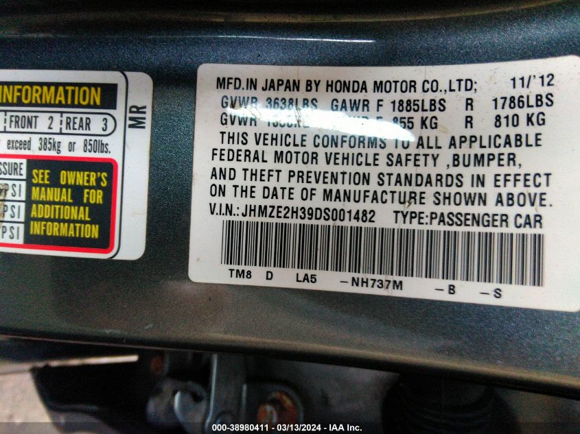 JHMZE2H39DS001482 | 2013 HONDA INSIGHT