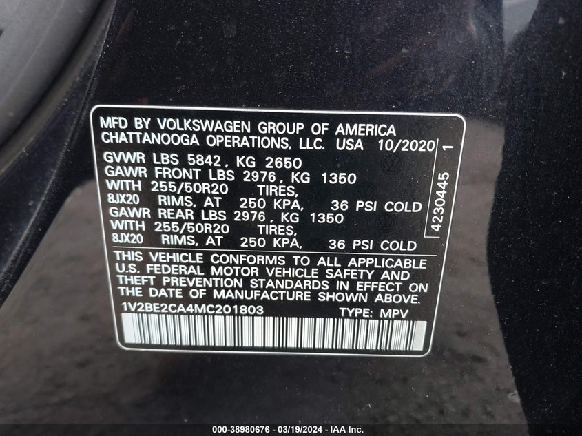 VIN 1V2BE2CA4MC201803 2021 VOLKSWAGEN ATLAS CROSS SPORT 3.6L V6 SEL