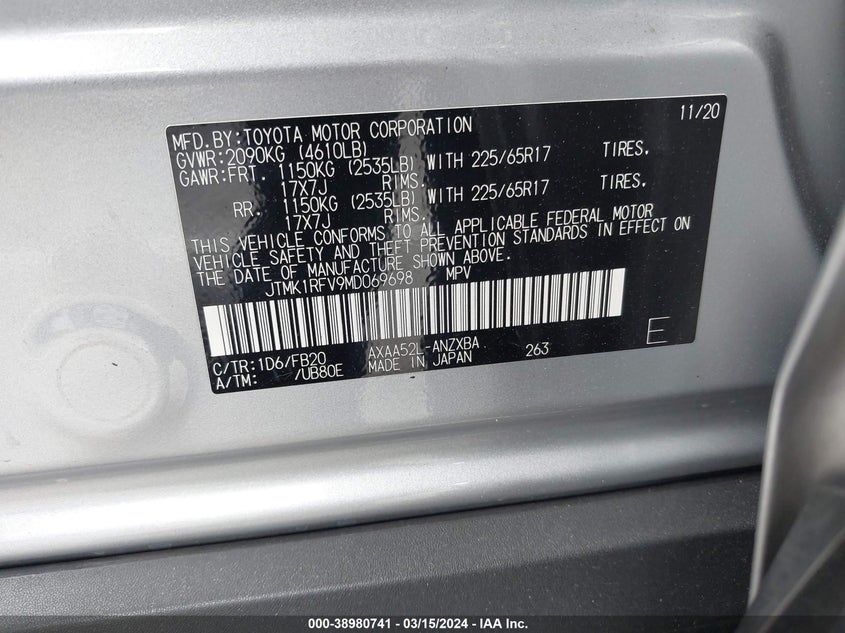 2021 TOYOTA RAV4 LE - JTMK1RFV9MD069698