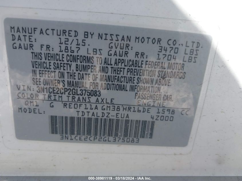 3N1CE2CP2GL375083 2016 Nissan Versa Note S (Sr)/S Plus/Sl/Sr/Sv