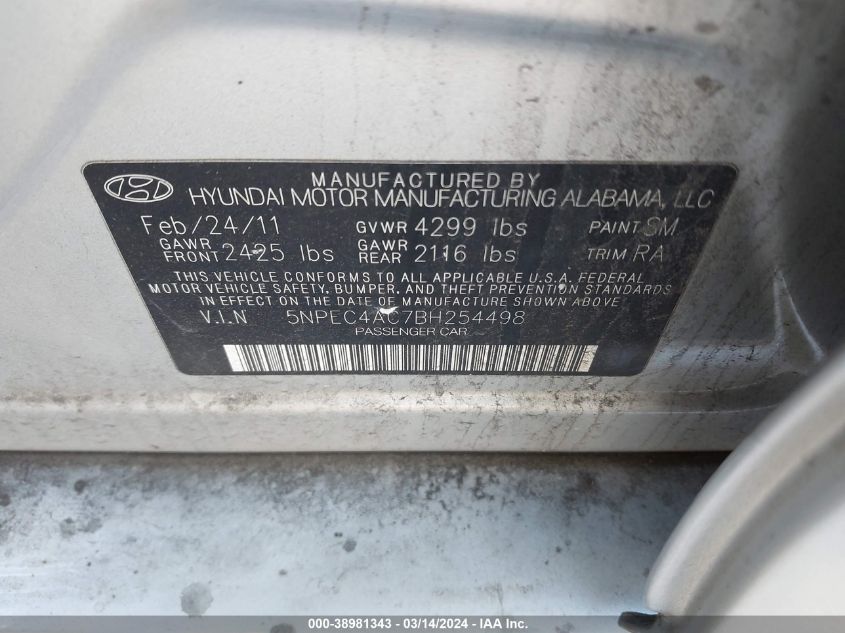 5NPEC4AC7BH254498 | 2011 HYUNDAI SONATA